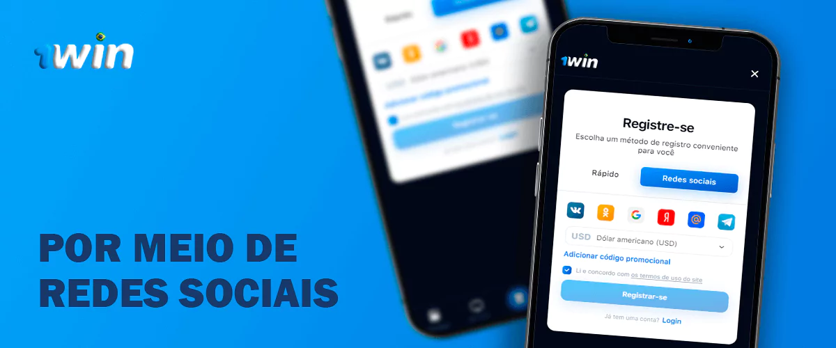 Registar-se através das redes sociais na aplicação 1Win